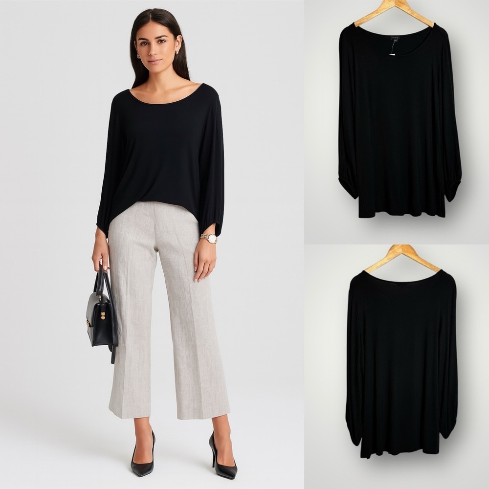 Ann Taylor Factory Long Sleeve Wide Neck Top Size Large Slinky Stretch Black